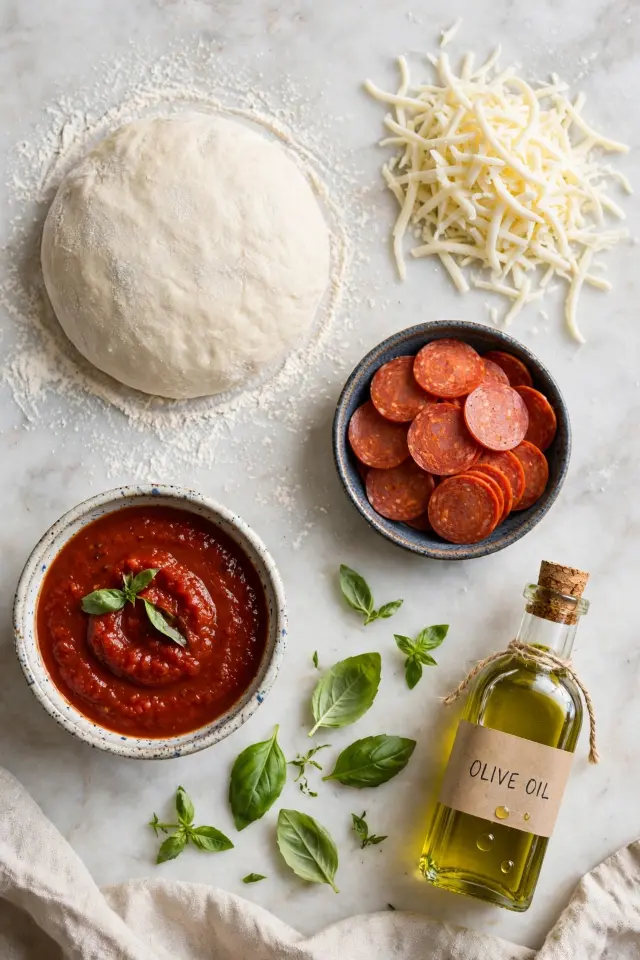 Easy Pizza Roll Up Recipe: Ready in 30 Minutes (No Yeast, No Fuss) 2 Ingredients for an easy pizza roll up recipe arranged on a countertop
