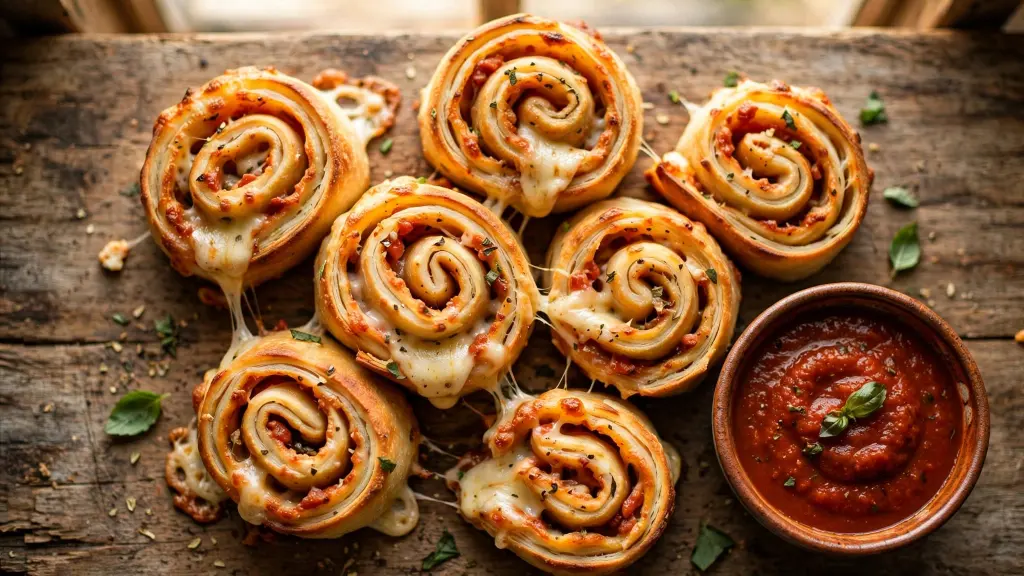 Easy Pizza Roll Up Recipe: Ready in 30 Minutes (No Yeast, No Fuss) 1 Easy pizza roll up recipe sliced into cheesy spirals on a wooden board