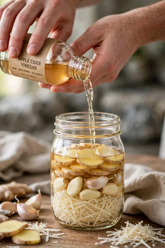 The Best Fire Cider Recipe (Ready in 15 Minutes, No Special Equipment Needed) 3 Pouring apple cider vinegar over ingredients while making fire cider recipe