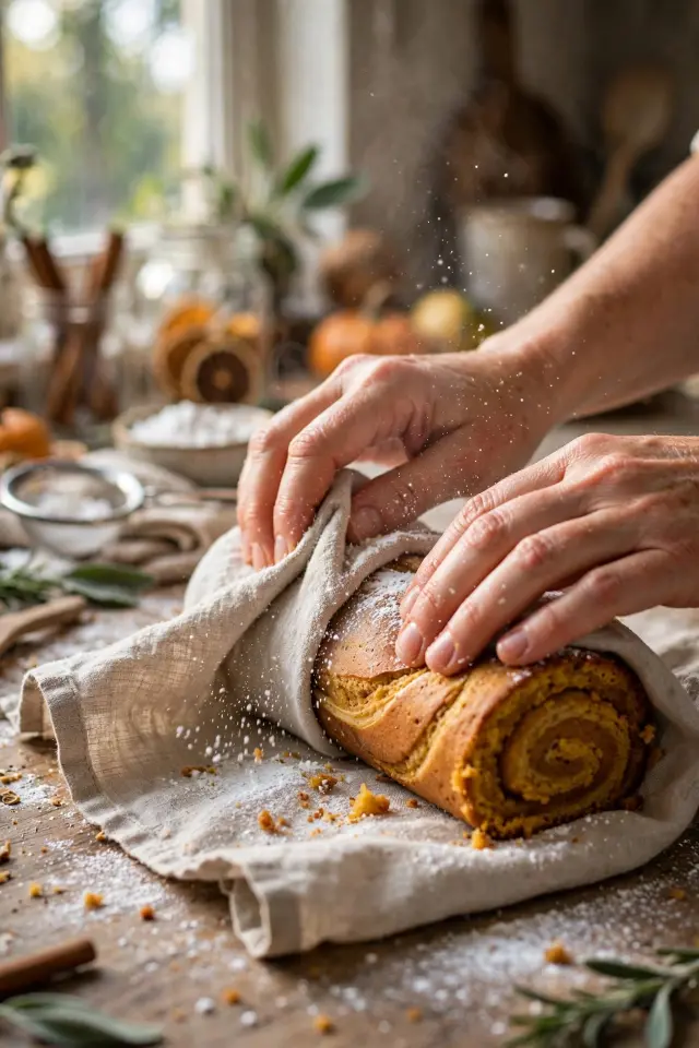 Easy Pumpkin Roll Recipe That Never Cracks (Even for Beginners) 3 Rolling warm pumpkin cake in a towel to prevent cracking