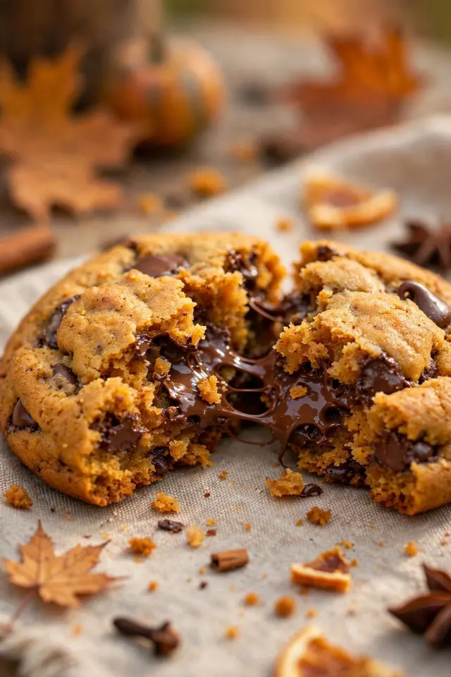 Pumpkin Chocolate Chip Cookies (Soft, Chewy, Ready in 30 Minutes) 4 Close-up of soft pumpkin chocolate chip cookie broken in half