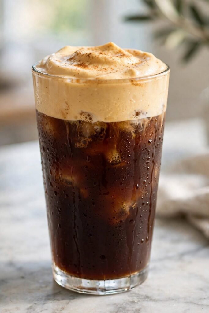 Best Starbucks Pumpkin Drinks You'll Make on Repeat 3 Pumpkin cream cold brew recipe with floating spiced cream topping