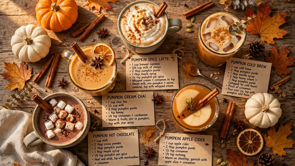 Best Starbucks Pumpkin Drinks You'll Make on Repeat 1 Collage of homemade Starbucks pumpkin drinks styled for fall