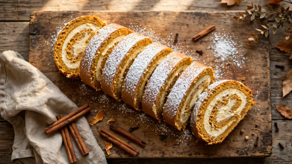 Easy Pumpkin Roll Recipe That Never Cracks (Even for Beginners) 1 Sliced pumpkin roll recipe with cream cheese filling dusted with powdered sugar