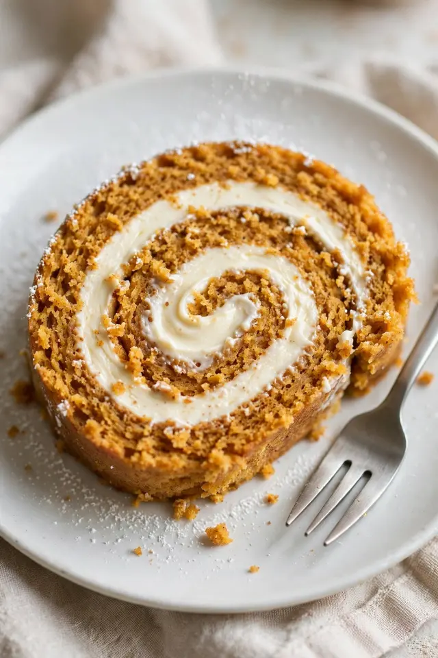 Easy Pumpkin Roll Recipe That Never Cracks (Even for Beginners) 4 Close-up slice of pumpkin roll recipe showing cream cheese filling swirl