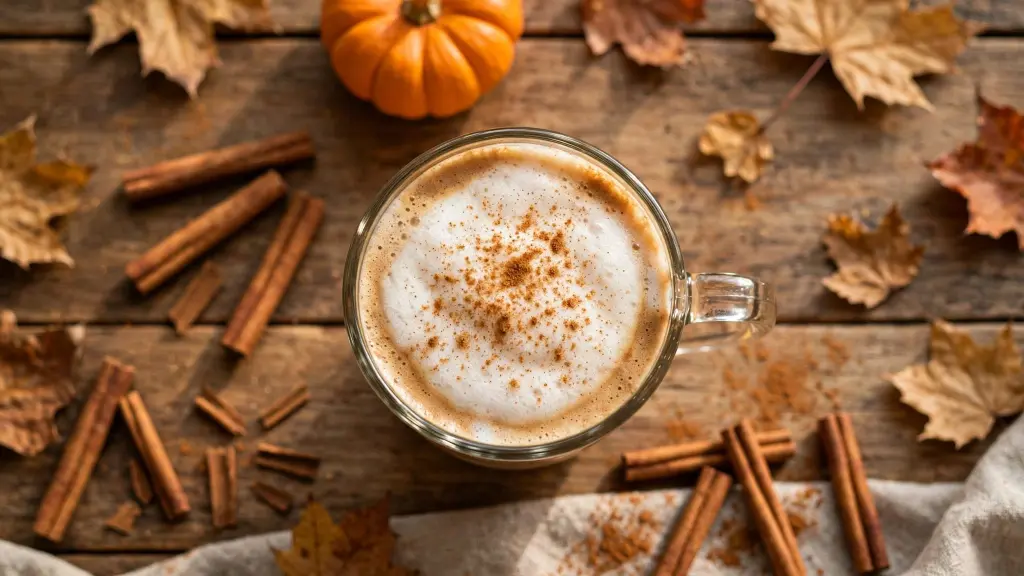 Pumpkin Spice Latte Recipe: Ready in 10 Minutes, Better Than the Coffee Shop 1 Homemade pumpkin spice latte recipe topped with foam and cinnamon on a wooden table