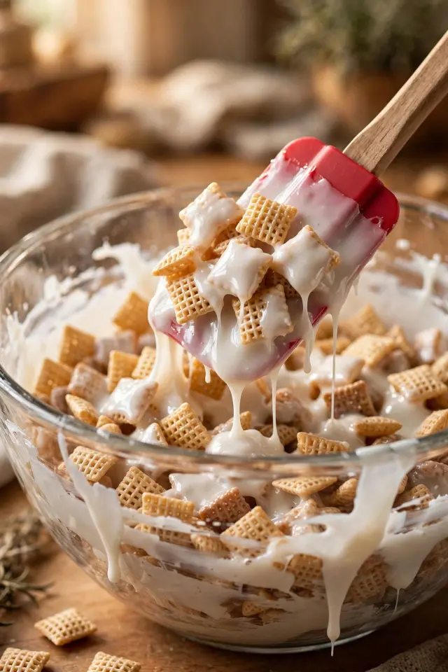 Cake Batter Puppy Chow Recipe (Ready in 15 Minutes!) 3 Folding cereal into melted white coating for cake batter puppy chow