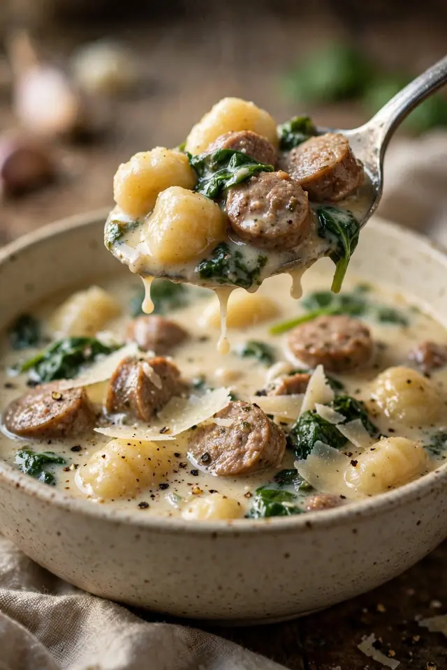 Sausage Gnocchi Soup Recipe (Rich, Creamy & Ready in 35 Minutes) 4 Close-up spoonful of creamy sausage gnocchi soup with parmesan