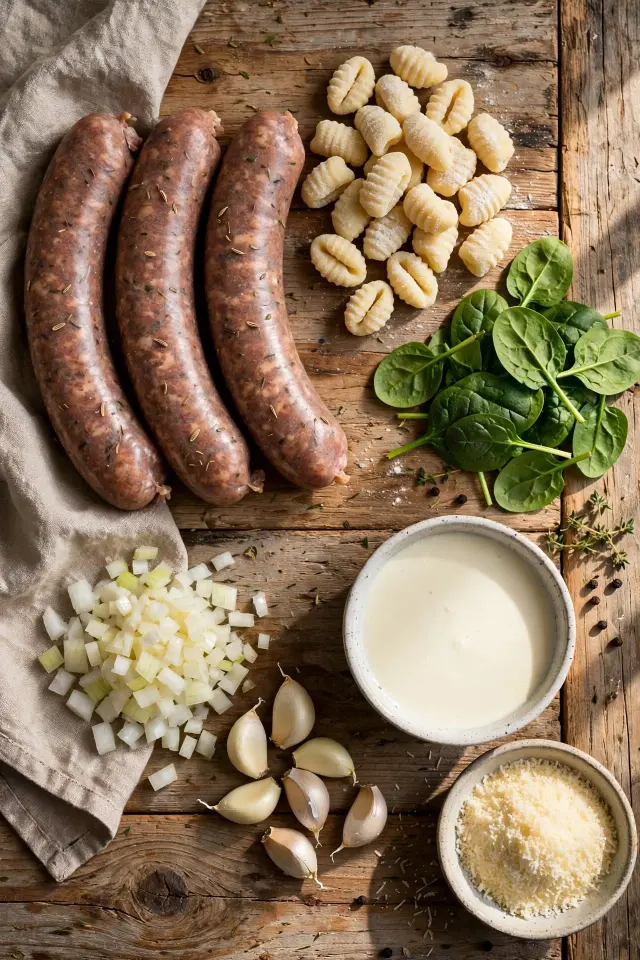 Sausage Gnocchi Soup Recipe (Rich, Creamy & Ready in 35 Minutes) 2 Ingredients for sausage gnocchi soup arranged on a wooden counter