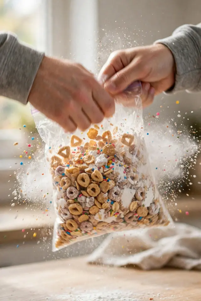 Cake Batter Puppy Chow Recipe (Ready in 15 Minutes!) 4 Shaking cake batter puppy chow with powdered sugar in a zip-top bag