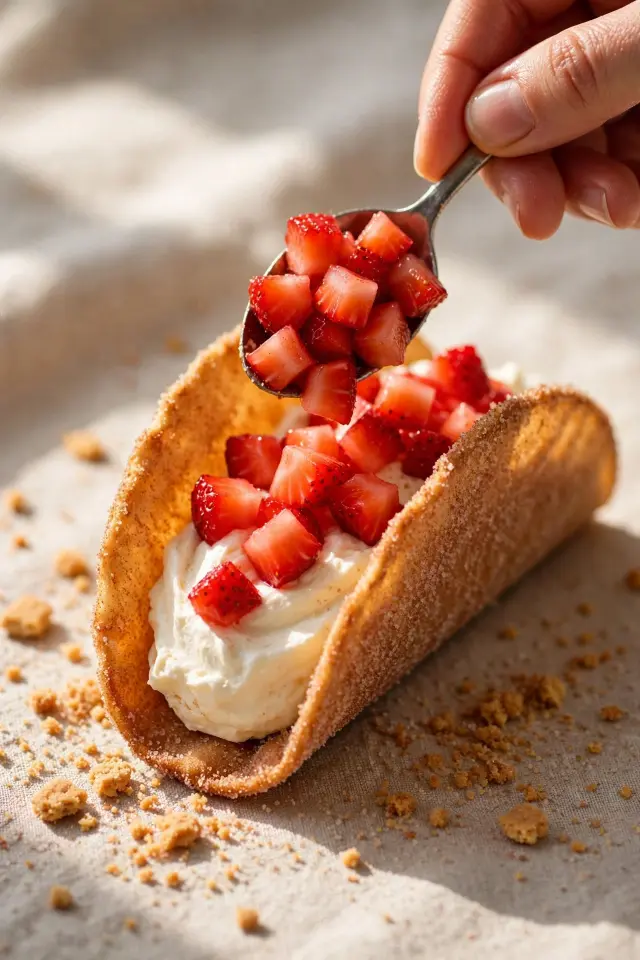 Strawberry Cheesecake Tacos Recipe (No-Bake & Ready in 20 Minutes) 4 Strawberry cheesecake tacos being topped with fresh berries and graham cracker crumbs
