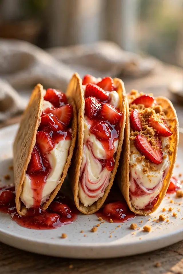 Strawberry Cheesecake Tacos Recipe (No-Bake & Ready in 20 Minutes) 5 Finished strawberry cheesecake tacos recipe plated and ready to serve