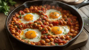 Spicy Baked Eggs with Tomatoes and Chickpeas